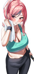  absurdres alternate_costume alternate_hairstyle azur_lane bare_shoulders black_pants blush breasts bremerton_(azur_lane) cleavage female green_sports_bra grey_hair hair_ornament hairclip heart heart_necklace highres holding holding_towel jewelry large_breasts long_hair looking_at_viewer mole mole_under_eye multicolored_hair navel necklace pants parted_lips pink_eyes pink_hair ponytail shocho simple_background solo sports_bra streaked_hair sweat towel white_background yoga_pants 