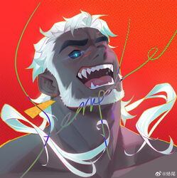  1boy aqua_eyes bara black_sclera borrowed_character colored_sclera commission dark-skinned_male dark_skin fangs frde glowing glowing_eye hanafuda_earrings head_tilt highres long_hair male_focus mature_male muscular muscular_male nude open_mouth original ponytail portrait red_background sample_watermark sanpaku scar scar_on_face scar_on_nose solo thick_eyebrows thick_neck very_dark_skin watermark white_hair zombie_(baimeme) 