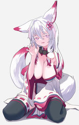  absurdres animal_ears bead_necklace beads bell black_thighhighs breasts bright_pupils cleavage colored_eyelashes detached_sleeves eyes_visible_through_hair female fox_ears fox_girl fox_tail hair_bell hair_between_eyes hair_intakes hair_ornament hand_up highres jewelry jingle_bell large_breasts long_hair long_sleeves multicolored_hair multicolored_tail nazuna_(sequel_awake) necklace oerba_yun_fang open_mouth purple_eyes red_hair red_tail ribbon-trimmed_sleeves ribbon-trimmed_thighhighs ribbon_trim sequel_(series) sequel_awake sitting skin_fang solo tail thighhighs two-tone_hair two-tone_tail white_hair white_pupils white_sleeves white_tail wide_sleeves yu_xian_(pixiv35650109) 