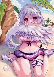  beach bikini bird_wings commentary_request embarrassed feathered_wings female front-tie_bikini_top front-tie_top grey_hair high_heels highres kishin_sagume kittona navel purple_bikini purple_skirt red_eyes sandals scallop shell single_wing sitting skirt solo swimsuit thigh_strap toes touhou wariza white_footwear white_wings wings 