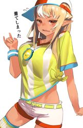  baseball_cap blonde_hair breasts cosplay dark-skinned_female dark_skin elf female flying_sweatdrops frown hat highres hololive large_breasts long_hair looking_at_viewer multicolored_hair oozora_subaru oozora_subaru_(1st_costume) oozora_subaru_(cosplay) open_mouth pointy_ears red_eyes red_hat shiranui_flare shirt short_shorts short_sleeves shorts sideways_hat simple_background solo stopwatch stopwatch_around_neck streaked_hair striped_clothes striped_shirt sweat sweatband thighhighs tied_shirt two-tone_headwear two-tone_shirt uzuradobin vertical-striped_clothes vertical-striped_shirt virtual_youtuber wavy_mouth white_background white_hair white_hat white_shirt white_shorts white_thighhighs yellow_shirt 