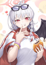  ahoge bat_wings black-framed_eyewear black_wings blue_archive braid braided_sidelock bread breasts commentary eyewear_on_head female finger_to_mouth food food_on_face gym_shirt gym_uniform halo hand_up haruna_(blue_archive) haruna_(track)_(blue_archive) heart highres holding holding_food jacket jacket_on_shoulders looking_at_viewer multicolored_background multicolored_clothes multicolored_jacket official_alternate_costume pink_halo red_eyes red_jacket shirt short_sleeves single_braid single_wing smile solo track_jacket upper_body white_hair white_shirt wings yuiko_(yuiyuiko_108) 