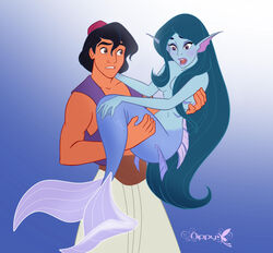  2015 4_fingers 5_fingers after_transformation aladdin_(disney) artist_logo black_hair blue_background blue_body blue_hair blue_lips blue_scales brown_eyes carrying_another carrying_partner clothing dark_body dark_skin disney disney&#039;s_aladdin duo english_text female fez fingers fish_tail hair hair_covering_nipples halloween hat headgear headwear hi_res holidays human lips logo long_hair looking_at_another looking_down male mammal marine merfolk mermaidification nippy13 open_mouth princess_jasmine_(disney) purple_eyes scales short_hair simple_background split_form suprised_look text 