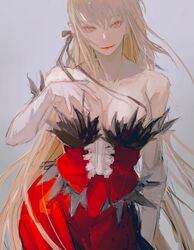  ._(kometto333) bare_shoulders blonde_hair breasts cleavage collarbone dress elbow_gloves feather-trimmed_dress feather-trimmed_gloves feather_trim female frills gloves grey_background hair_between_eyes hair_ribbon hand_on_own_chest highres kiss-shot_acerola-orion_heart-under-blade kizumonogatari large_breasts lipstick long_hair looking_at_viewer makeup monogatari_(series) oshino_shinobu pointy_ears red_dress ribbon simple_background smile solo strapless strapless_dress vampire very_long_hair white_gloves yellow_eyes 