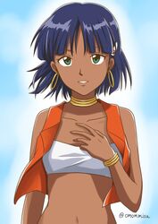  arm_at_side artist_name bandeau bare_shoulders blue_background blue_hair bob_cut breasts collarbone commentary cropped_vest dark-skinned_female dark_skin earrings female fushigi_no_umi_no_nadia gold_bracelet gold_earrings gradient_background green_eyes hair_ornament hairclip hand_on_own_chest highres hoop_earrings jewelry light_smile looking_at_viewer midriff nadia_la_arwall navel neck_ring open_clothes open_vest parted_lips red_vest setu_kurokawa short_hair signature sleeveless small_breasts smile solo standing straight-on strapless tube_top twitter_username upper_body vest white_bandeau wind 