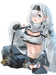  :d absurdres animal_ears arknights aurora_(arknights) bear_ears black_gloves black_hairband black_shirt blue_eyes breasts cleavage commentary_request crop_top female gloves grey_shorts hairband highres jacket large_breasts long_hair long_sleeves looking_at_viewer midriff navel open_mouth shima_(wideshi_ma) shirt short_shorts shorts simple_background smile solo stomach white_background white_hair white_jacket 