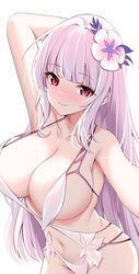  absurdres arm_up azur_lane blunt_bangs blush breasts catnnn cleavage closed_mouth collarbone commentary_request female flower hair_flower hair_ornament highres large_breasts long_hair looking_at_viewer navel nose_blush official_alternate_costume one-piece_swimsuit red_eyes simple_background smile solo swimsuit upper_body white_background white_hair white_one-piece_swimsuit yorck_(azur_lane) yorck_(late-night_companion)_(azur_lane) 