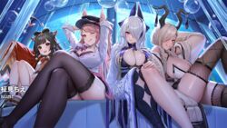  4girls ;q arms_up artist_name ass azur_lane black_hair black_headwear black_thighhighs bow-shaped_hair bra bra_peek breasts brown_eyes brown_hair cleavage hair_ornament hair_over_one_eye hairclip hat horn_ornament horns huge_breasts japanese_clothes kimono knee_up knees_up long_hair long_sleeves looking_at_viewer masami_chie multiple_girls nachi_(azur_lane) nachi_(retrofit)_(azur_lane) official_art okobo one_eye_closed open_mouth owari_(azur_lane) peaked_cap pink_bra pink_hair platform_footwear red_eyes red_kimono sandals shirt sitting sleeves_past_fingers sleeves_past_wrists socks teeth thighhighs third-party_source tongue tongue_out underwear unzen_(azur_lane) upper_teeth_only white_hair white_shirt white_socks winged_hat zuihou_(azur_lane) 