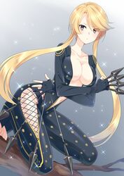  :o aqua_eyes black_bodysuit blonde_hair bodysuit branch breasts brown_eyes female fishnets full_body grey_background highres holding holding_shuriken holding_weapon kasuga_(sengoku_basara) kneeling kunai kusumoto_shizuru looking_at_viewer medium_breasts multicolored_eyes navel ninja plunging_neckline sengoku_basara short_hair_with_long_locks shuriken sidelocks solo sparkling_aura weapon 