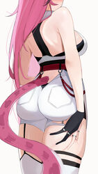  artist_glove ass back backboob bare_shoulders black_gloves black_tube_top breasts english_commentary female from_behind garter_straps gloves hand_on_own_thigh head_out_of_frame high-waist_shorts highres hololive hololive_english jewelry ku_roiko large_breasts long_hair o-ring panther_girl panther_tail partially_fingerless_gloves pink_hair raora_panthera ring shorts single_garter_strap skindentation solo strapless tail tail_through_clothes thigh_strap thighhighs thighs tube_top very_long_hair vest virtual_youtuber white_background white_shorts white_thighhighs white_vest 