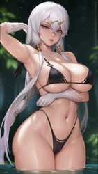  absurdres arm_across_waist arm_up armpits atelier_(series) atelier_ryza bikini black_bikini blue_eyes body_fur breasts crossed_bangs female grey_hair hair_between_eyes hair_ornament hairclip heterochromia highleg highleg_bikini highres large_breasts lila_decyrus long_hair looking_at_viewer low_twintails meekohopanes navel pale_skin parted_lips partially_submerged red_eyes solo swimsuit twintails very_long_hair wet 