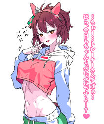  abs ahoge alternate_costume animal_ears blush breasts brown_eyes brown_hair commentary_request cowboy_shot cropped_hoodie dantsu_flame_(umamusume) ear_covers ear_ornament female green_pants hair_between_eyes highres hood hood_down hoodie horse_ears horse_girl horse_tail long_sleeves looking_at_viewer medium_breasts medium_hair midriff_peek multicolored_hair muscular navel open_mouth pants simple_background smile solo stomach streaked_hair tail translation_request umamusume white_background white_hair yaki_apple 