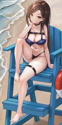  absurdres alternate_costume barefoot beach bikini black_choker breasts brown_hair chair choker cleavage collarbone commission fanteam feet feet_on_chair female full_body grin hand_up highres idolmaster idolmaster_cinderella_girls knee_up large_breasts legs lifebuoy lifeguard_chair long_hair looking_at_viewer mukai_takumi navel pixiv_commission sand skindentation smile solo swim_ring swimsuit thigh_strap toes water yellow_eyes 