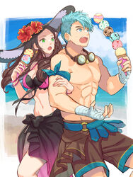  1boy bandaged_hand bandages bikini black_bikini blue_eyes blue_hair breasts brown_hair caspar_von_bergliez caspar_von_bergliez_(summer) commentary_request couple dorothea_arnault dorothea_arnault_(summer) female fire_emblem fire_emblem:_three_houses fire_emblem_heroes food highres holding holding_ice_cream_cone ice_cream ice_cream_cone kh_(tanakananataka) large_breasts nail_polish official_alternate_costume open_mouth partial_commentary pink_nails sarong straight swimsuit teeth upper_teeth_only 