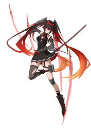  absurdres argyle bare_shoulders black_dress black_hair chin_guard cyborg double-parted_bangs dress fake_horns female floating floating_hair floating_object floating_sword floating_weapon full_body gradient_hair hair_ornament headgear highres horns joints jumping katana knee_pads long_hair looking_to_the_side lucia:_dawn_(punishing:_gray_raven) lucia_(punishing:_gray_raven) mechanical_arms mechanical_foot mechanical_hands midair multicolored_hair o2_(rin617) oni_horns orange_hair pleated_skirt pouch punishing:_gray_raven red_eyes red_hair robot_joints short_dress shoulder_strap single_knee_pad single_thighhigh skindentation skirt sleeveless sleeveless_dress streaked_hair sword thigh_pouch thigh_strap thighhighs torn_clothes torn_thighhighs very_long_hair weapon white_background x_hair_ornament 