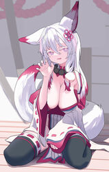  absurdres animal_ears bead_necklace beads bell black_thighhighs breasts bright_pupils cleavage colored_eyelashes detached_sleeves eyes_visible_through_hair female fox_ears fox_girl fox_tail hair_bell hair_between_eyes hair_intakes hair_ornament hand_up highres jewelry jingle_bell large_breasts long_hair long_sleeves multicolored_hair multicolored_tail nazuna_(sequel_awake) necklace oerba_yun_fang open_mouth purple_eyes red_hair red_tail ribbon-trimmed_sleeves ribbon-trimmed_thighhighs ribbon_trim sequel_(series) sequel_awake sitting skin_fang solo tail thighhighs two-tone_hair two-tone_tail white_hair white_pupils white_sleeves white_tail wide_sleeves yu_xian_(pixiv35650109) 