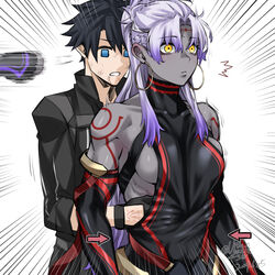  1boy 2girls abs absurdres alternate_costume assassin_(fate/zero) bare_shoulders black_bodysuit black_hair black_jacket blue_eyes bodysuit breasts colored_skin dated earrings elbow_gloves emphasis_lines fate/grand_order fate_(series) female_assassin_(fate/zero) fujimaru_ritsuka_(male) full-body_tattoo gloves grey_skin highres hoop_earrings imminent_kick jacket jewelry long_hair medium_breasts motion_lines multiple_girls muscular muscular_female original ponytail purple_hair shin_(ultramarine430) sideboob signature tattoo very_long_hair yellow_eyes 