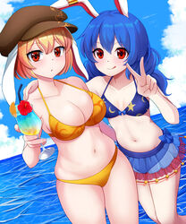  2girls :q alternate_costume animal_ears bikini blonde_hair blue_bikini blue_hair blue_sky blush breasts brown_hat cleavage cloud collarbone commentary_request commission crescent_print day earclip flat_cap floppy_ears flower hand_on_another&#039;s_shoulder hat highres kisaragi_koushi lemon_print long_hair looking_at_viewer midriff multiple_girls navel ocean print_bikini rabbit_ears red_eyes red_flower ringo_(touhou) seiran_(touhou) skeb_commission sky smile star_(symbol) star_print swimsuit thighs tongue tongue_out touhou v yellow_bikini 