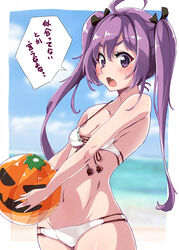  22/7 ahoge ball bare_shoulders beach bikini black_ribbon blurry border breasts cleavage collarbone cowboy_shot depth_of_field female groin hair_between_eyes hair_ornament hair_ribbon highres holding holding_ball kisairo_kaede long_hair looking_at_viewer navel oerba_yun_fang open_mouth purple_eyes purple_hair ribbon solo speech_bubble standing sweatdrop swimsuit tojo_yuki twintails white_bikini white_border 