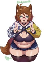  agawa_ryou animal_ear_fluff animal_ears artist_name breasts brown_hair cleavage cowboy_shot denim denim_shorts dog_ears dog_tail double_v fangs female glasses green_eyes green_nails indie_virtual_youtuber looking_at_viewer mint_castella nail_polish navel open_mouth short_hair shorts simple_background standing stomach tail teeth thick_thighs thighhighs thighs tongue upper_teeth_only v white_background wide_hips 