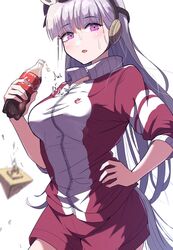  animal_ears bottle breasts coca-cola female gold_ship_(umamusume) grey_hair highres holding holding_bottle horse_ears horse_girl horse_tail itosu200 jacket large_breasts long_hair pillbox_hat purple_eyes red_shorts shorts tail tracen_training_uniform track_jacket umamusume 