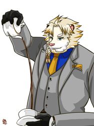  anthro astosis blonde_hair clothing container cup felid fur hair hi_res lifewonders lion live_a_hero male mammal muscular muscular_anthro muscular_male necktie pantherine pouring_tea solo sui6sweet suit tea_cup teapot white_body white_fur 