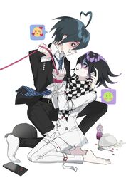  2boys absurdres ahoge barefoot belt black_belt black_headwear black_jacket black_pants bottle bound bound_wrists bowl checkered_clothes checkered_scarf danganronpa_(series) danganronpa_v3:_killing_harmony eye_contact fanta flipped_hair food frown grin hat heart heart_ahoge highres jacket looking_at_another male_focus multiple_boys necktie no_shoes official_alternate_costume oma_kokichi open_clothes open_jacket pants saihara_shuichi scarf short_hair simple_background smile socks spilled_milk spoken_emoji striped_necktie teeth ttegi_(ddeck_dg) unworn_hat unworn_headwear white_socks yaoi 