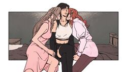  3girls absurdres aerith_gainsborough bed black_hair brown_hair cissnei crop_top crossed_legs dress final_fantasy final_fantasy_vii final_fantasy_vii_rebirth final_fantasy_vii_remake fueledbyram girl_sandwich hair_down highres kissing kissing_neck long_hair multiple_girls pink_dress sandwiched sitting thighhighs tifa_lockhart very_long_hair yuri 