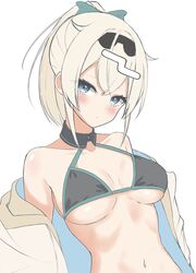  :| absurdres bare_shoulders bikini black_collar black_hairband blonde_hair blue_eyes blush bow breasts closed_mouth collar collarbone collared_bikini crossed_bangs eyelashes female green_bow hair_between_eyes hair_ornament hairband hairbow high_ponytail highres hololive jacket jacket_partially_removed kazama_iroha looking_at_viewer medium_breasts navel ojihiyoko ponytail short_hair sidelocks solo string_bikini swimsuit two-tone_bikini underboob upper_body virtual_youtuber white_background yellow_jacket 