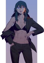  abs black_bra black_pants blue_eyes blue_hair bra breasts byleth_(female)_(fire_emblem) byleth_(fire_emblem) earrings female fire_emblem fire_emblem:_three_houses hand_in_pocket highres jewelry long_hair looking_to_the_side muscular muscular_female open_clothes open_shirt pants radiostarkiller small_breasts solo sword_of_the_creator underwear 