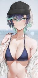  andra_nadila_(vloodozer) aqua_eyes aqua_hair artist_name bikini black_hat blue_bikini blue_hair blush breasts collarbone female gradient_hair hair_between_eyes hat highres large_breasts looking_at_viewer midriff mole mole_under_mouth multicolored_hair navel open_clothes open_shirt original parted_lips shirt short_hair single_bare_shoulder solo swimsuit upper_body vloodozer white_shirt 