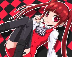  ascot black_footwear black_nails black_thighhighs checkered_background convenient_leg ear_piercing female gunmania002 highres knees_together_feet_apart long_hair long_sleeves piercing red_background red_eyes red_hair red_vest shinigami_bocchan_to_kuro_maid shirt sidelocks sitting smile solo striped_ascot thighhighs twintails vest viola_(shinigami_bocchan_to_kuro_maid) white_shirt 