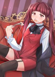  :o absurdres ascot black_ascot black_thighhighs brown_hair couch earrings eating feet_out_of_frame female food food_on_face garter_straps highres holdin_for indoors jacket jacket_partially_removed jewelry jmfz5558 long_sleeves looking_at_viewer red_eyes red_skirt red_vest shinigami_bocchan_to_kuro_maid sitting skirt solo striped_ascot thighhighs twintails vest viola_(shinigami_bocchan_to_kuro_maid) 