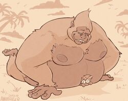  aevsivs animancer ape arachnid arthropod belly big_belly blush food ham haplorhine hi_res mammal meat micro monkey overweight pecs pork primate size_difference spider 