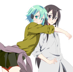  1boy aqua_eyes aqua_hair bad_id bad_pixiv_id black_eyes black_hair female hug hug_from_behind inui_sanagi kirito kirito_(sao-ggo) long_hair otoko_no_ko photoshop_(medium) short_hair sinon sword_art_online 