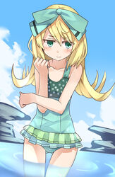  akatoro_(nightlord) atelier_(series) atelier_shallie blonde_hair bow casual_one-piece_swimsuit cloud commentary_request day female flipped_hair green_eyes hairbow long_hair miruca_crotze one-piece_swimsuit shy sky solo swimsuit wading water 