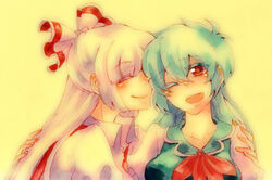  2girls colored_eyelashes commentary_request cuddling eyelashes fujiwara_no_mokou hand_on_another&#039;s_shoulder happy kamishirasawa_keine multiple_girls no_headwear photoshop_(medium) portrait simple_background smile sorato_(astllatte) touhou wince yellow_theme yuri 