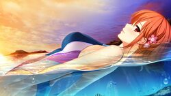  afloat blush competition_swimsuit female fish flower from_side game_cg hair_flower hair_ornament hoshi_ori_yume_mirai koizumi_amane light_smile looking_at_viewer one-piece_swimsuit orange_hair partially_underwater_shot profile red_eyes shinozaki_marika short_hair sky sunset swimsuit water 