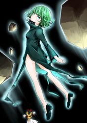  1boy bald black_dress cape commentary_request curly_hair dress female green_eyes green_hair highres nez_n one-punch_man saitama_(one-punch_man) short_hair tatsumaki 