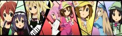  6+girls ;q akiyama_mio amano_kouki commentary_request cordelia_glauca cosplay costume_switch crossover detective fuwafuwa_time guitar hair_down hat hercule_barton highres hirasawa_yui instrument k-on! kotobuki_tsumugi magnifying_glass multiple_girls one_eye_closed sherlock_shellingford synthesizer tainaka_ritsu tantei_opera_milky_holmes tongue tongue_out yuzurizaki_nero 