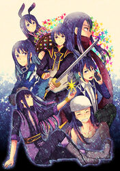  1boy alternate_costume animal_ears black_eyes black_hair boots closed_eyes commentary_request costume_chart knee_boots kuga_asumi long_hair male_focus md5_mismatch multiple_persona official_alternate_costume photoshop_(medium) ponytail rabbit_ears repede_(tales) resolution_mismatch source_larger star_(symbol) sword tales_of_(series) tales_of_vesperia weapon yuri_lowell yuri_lowell_(dark_enforcer) yuri_lowell_(light_fedrock_uniform) yuri_lowell_(reliable_senior) yuri_lowell_(tank_top_lover) yuri_lowell_(true_knight) 