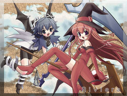  2girls bandages bat_wings blue_eyes blue_hair cierra_(riviera) elbow_gloves gloves hat long_hair multiple_girls open_mouth pointy_ears purple_eyes red_hair riviera sata_(sat) scythe serene_(riviera) staff wings witch witch_hat 