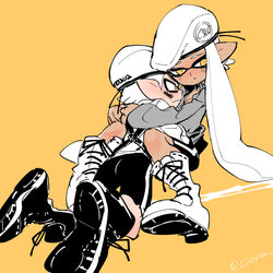  1boy army-kun_(splatoon) bike_shorts blush boots commentary_request cross-laced_footwear dark_skin facepaint fangs female forge-chan_(splatoon) hug inkling inkling_boy inkling_girl inkling_player_character jacket lace-up_boots looking_down orange_background partially_colored pointy_ears serizawa_nae short_hair simple_background sitting splatoon_(manga) splatoon_(series) splatoon_1 straight-laced_footwear tentacle_hair twitter_username 