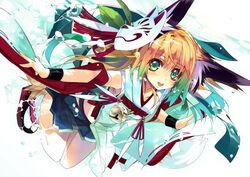  animal_ears bell blonde_hair bubble_skirt collarbone commentary_request female fox_ears fox_mask green_eyes long_hair mask mouth_mask open_mouth original photoshop_(medium) ribbon shirokitsune shiroro shirt skirt sleeveless sleeveless_shirt smile solo underwater very_long_hair wrist_cuffs 