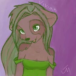  1:1 adolescent anthro breasts clothed clothing coonkun digital_media_(artwork) dress eyelashes female green_eyes hair low_res mammal oekaki off_shoulder pose procyonid raccoon seductive small_breasts solo vivian_(coonkun) young young_anthro young_female 