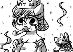  2016 anthro black_and_white buckteeth clothed clothing confetti confetti_streamer disney domestic_pig duo english_text eyewear fan_character female glasses hat headgear headwear inkyfrog inkypig lagomorph leporid lipstick looking_at_viewer makeup mammal maxine_d&#039;lapin monochrome party_hat party_horn rabbit simple_background skyline smile suid suina sus_(pig) teeth text white_background window zootopia 