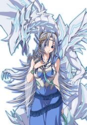  blue-eyes_alternative_white_dragon blue_eyes blush breasts collarbone commentary_request dragon duel_monster female grey_hair highres large_breasts long_hair looking_at_viewer ozaneko priestess_with_eyes_of_blue simple_background solo very_long_hair white_background yu-gi-oh! 