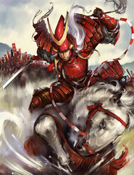  1boy animal armor army banner battle battle_standard cavalry charging_forward commentary_request crest dou fake_horns family_crest flag full_armor gauntlets helmet highres holding holding_sword holding_weapon horned_helmet horns horse horseback_riding japanese_armor jidaigeki kabuto_(helmet) kevin.h kote kusazuri male_focus nodowa_(gorget) original photoshop_(medium) red_armor reins riding samurai sashimono sengoku_taisen shoulder_armor sode sword war weapon white_hair white_horse yamagata_masakage yotsuwari-bishi 