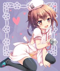  :d alternate_costume black_thighhighs blush brown_eyes brown_hair commentary_request female hair_ornament hairclip hat heart ikazuchi_(kancolle) kantai_collection kumao_mofumofu looking_at_viewer navel nurse_cap oerba_yun_fang open_mouth panties pantyshot short_hair sitting slippers smile solo stethoscope thighhighs underwear wariza yellow_panties 