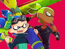  2boys bad_id bad_tumblr_id blue_eyes blue_hair dark-skinned_male dark_skin dynamo_roller_(splatoon) fangs goggle-kun_(splatoon) goggles goggles_on_head green_eyes green_hair inkling inkling_boy inkling_player_character inkzooka_(splatoon) jacket katou_(osoraku) leather leather_jacket looking_down male_focus multiple_boys over_shoulder pink_background pointy_ears rider-kun_(splatoon) simple_background smile splatoon_(manga) splatoon_(series) splatoon_1 splattershot_(splatoon) tentacle_hair topknot upper_body weapon weapon_over_shoulder 